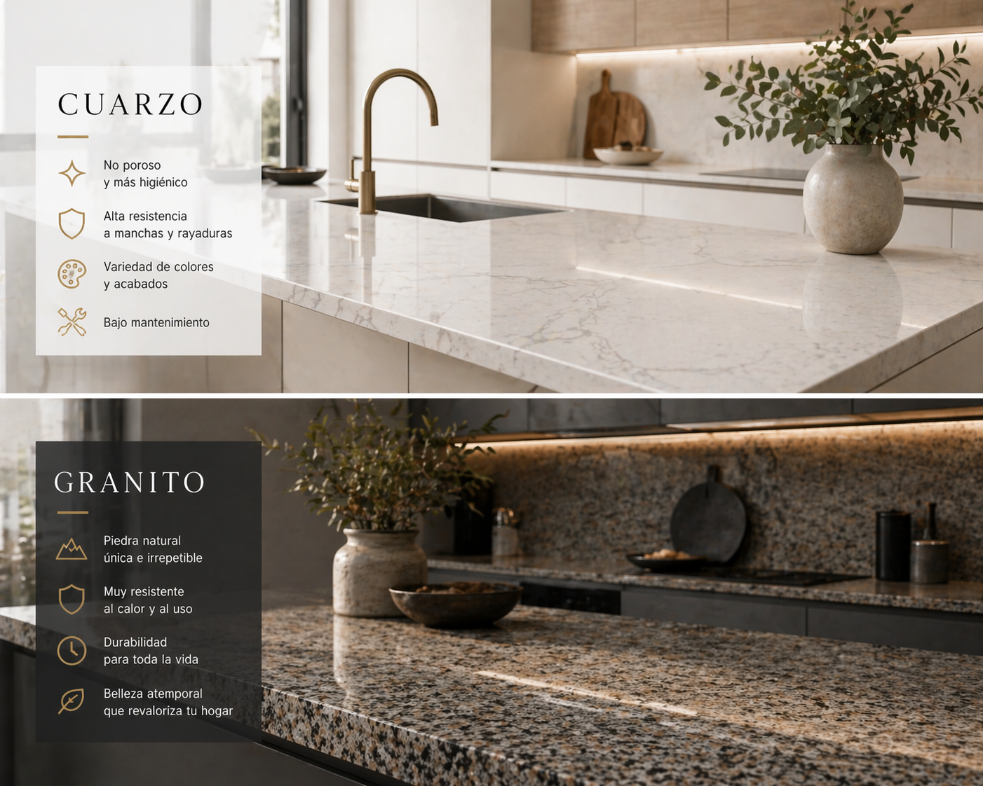 Comparativa visual de encimeras de cuarzo y granito en cocina reformada en Murcia
